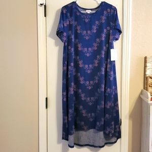 NWT LulaRoe Carly dress Women's Size Large Navy Blue with pink flower vines.